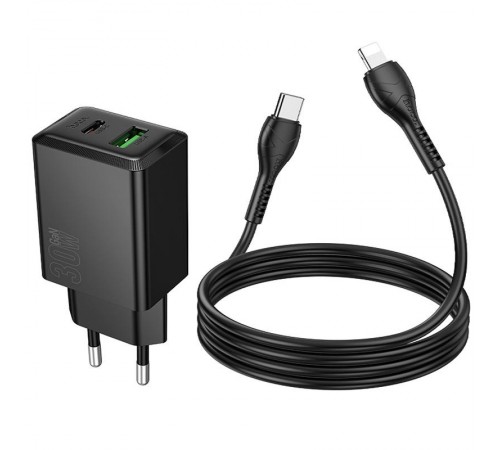 МЗП Hoco N71 Nuevo PD30W+QC3.0 (1USB-A/1C) + кабель Type-C to Lightning Black
