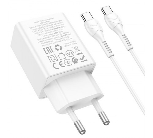 МЗП Hoco N71 Nuevo PD30W+QC3.0 (1USB-A/1C) + кабель Type-C to Type-C White