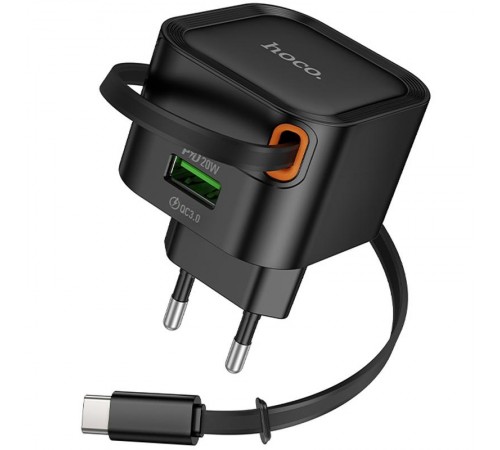 МЗП Hoco C154A Changer With Retractable Cable Type-C PD20W+QC3.0 (1USB-C) Black