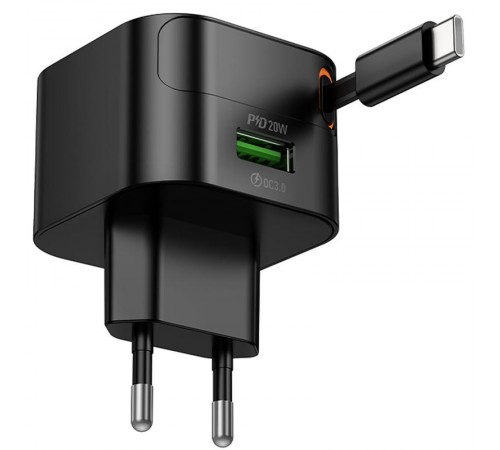 МЗП Hoco C154A Changer With Retractable Cable Type-C PD20W+QC3.0 (1USB-C) Black