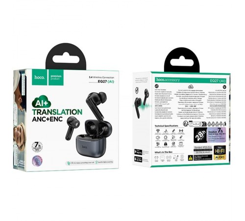 Бездротові TWS навушники Hoco EQ27 Fun ANC+ENC+smart AI translation Metal gray