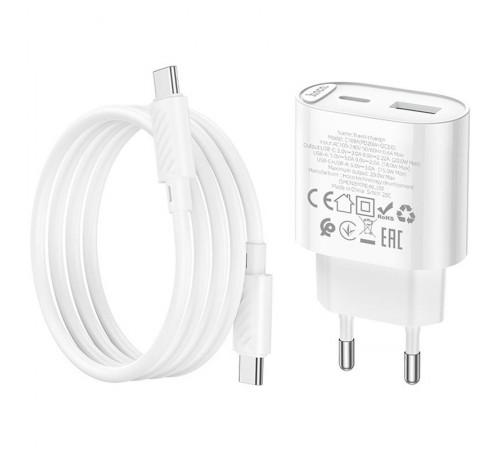 МЗП Hoco C109A Fighter PD20W+QC3.0 (1USB-A/1C) + кабель Type-C to Type-C White