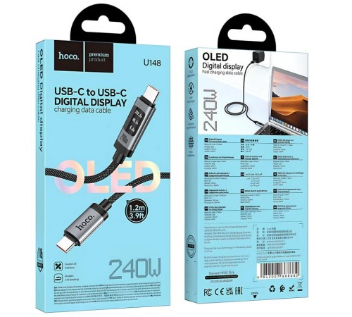 Дата кабель Hoco U148 Lord with display Type-C to Type-C 100W (1.2m) Black
