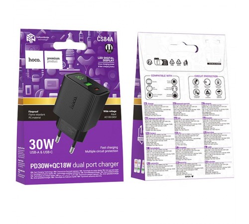 МЗП Hoco CS84A Excellent with digital display PD30W+QC3.0 (1USB-A/1C) Black