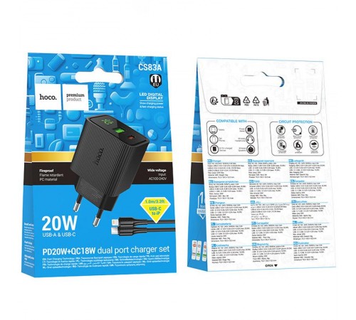 МЗП Hoco CS83A Excellent with digital display PD20W+QC3.0 (1USB-A/1C) + кабель Type-C to Lightning Black