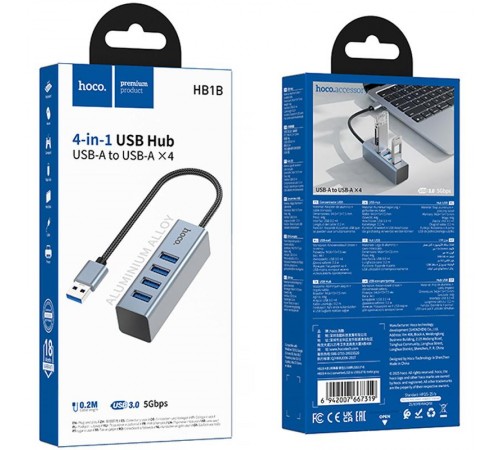 Перехідник HUB Hoco HB1B 4in1 (USB to 4xUSB 3.0) (1m) Metal gray