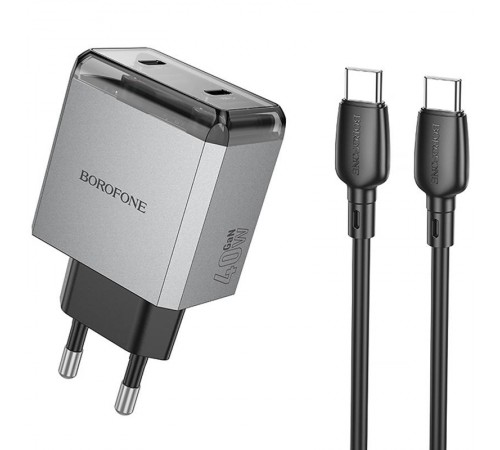 МЗП Borofone BN21 Lena PD40W+QC3.0 (2USB-C) + кабель Type-C to Type-C Metal gray