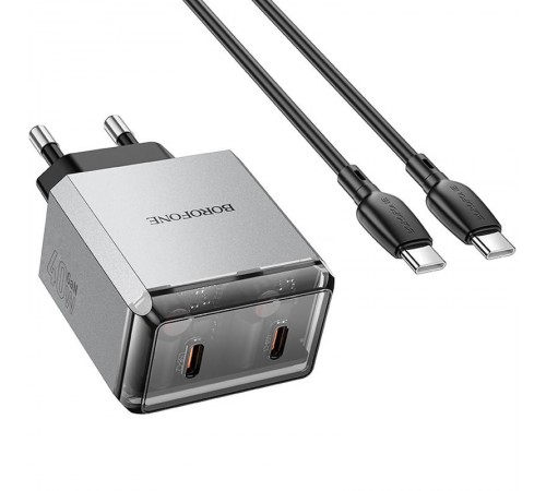 МЗП Borofone BN21 Lena PD40W+QC3.0 (2USB-C) + кабель Type-C to Type-C Metal gray