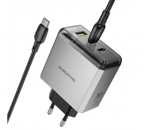 МЗП Borofone BN22 Lena PD65W (1USB-A/2C) + кабель Type-C to Type-C Metal gray