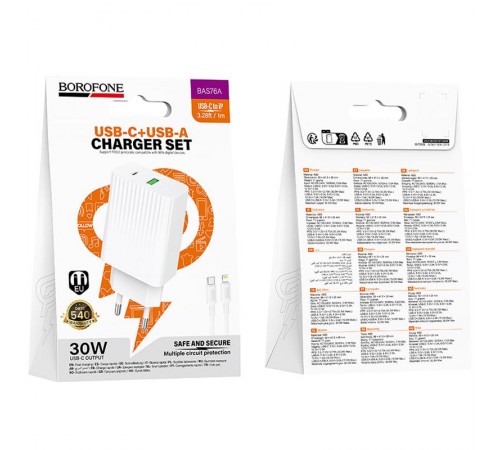 МЗП Borofone BAS76A Source PD30W+QC3.0 (1USB-A/1C) + кабель Type-C to Lightning White
