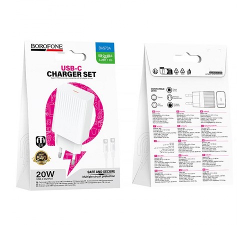 МЗП Borofone BAS73A Source PD20W (1USB-C) + кабель Type-C to Type-C White