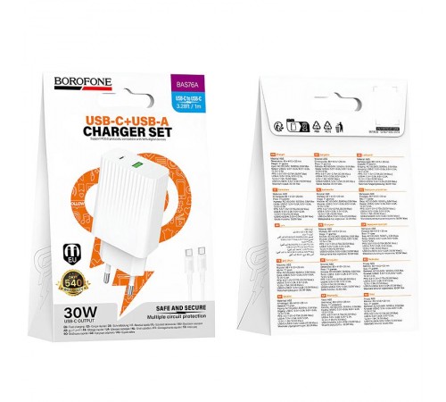 МЗП Borofone BAS76A Source PD30W+QC3.0 (1USB-A/1C) + кабель Type-C to Type-C White