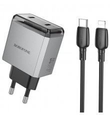 МЗП Borofone BN21 Lena PD40W+QC3.0 (2USB-C) + кабель Type-C to Lightning Metal gray