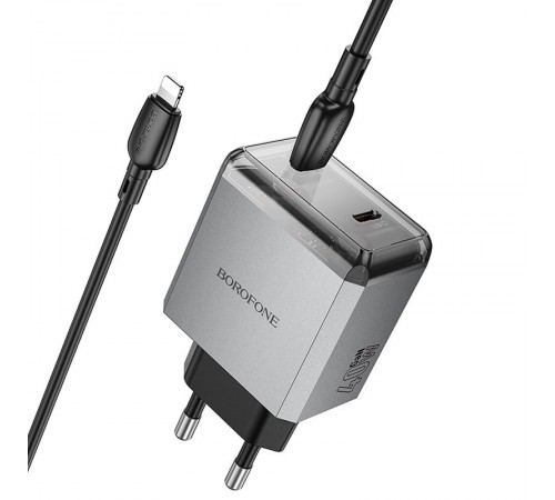 МЗП Borofone BN21 Lena PD40W+QC3.0 (2USB-C) + кабель Type-C to Lightning Metal gray