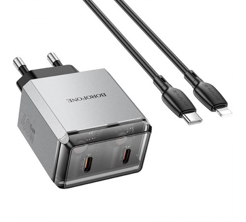 МЗП Borofone BN21 Lena PD40W+QC3.0 (2USB-C) + кабель Type-C to Lightning Metal gray
