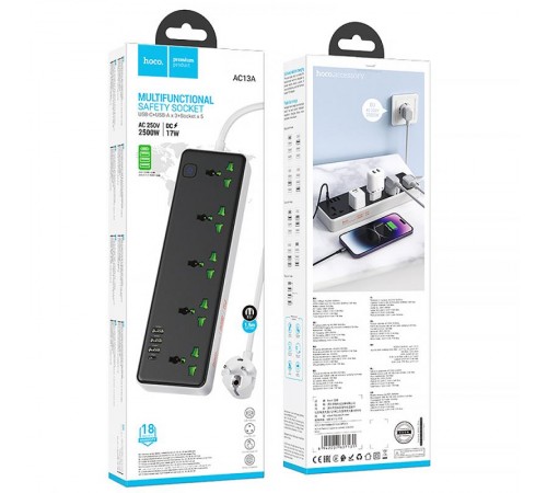 Подовжувач Hoco AC13A Safety Socket (3USB-A/1C/5xSocket) (1.5m) Black