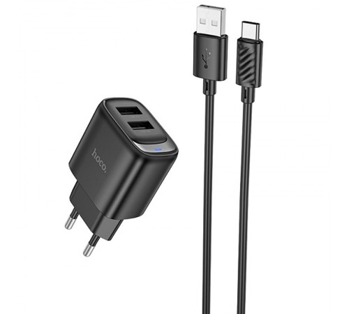 МЗП Hoco C141A Smart 2.1A (2USB-A) + кабель USB to Type-C Black