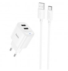 МЗП Hoco C141A Smart 2.1A (2USB-A) + кабель USB to Type-C White
