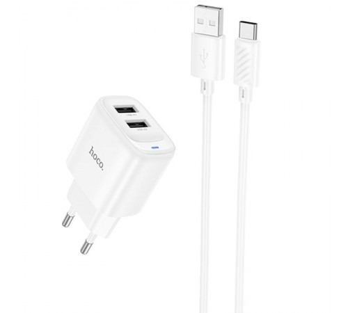 МЗП Hoco C141A Smart 2.1A (2USB-A) + кабель USB to Type-C White