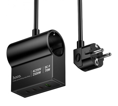 МЗП Hoco AC34 Win 2 position 70W QC+PD (1USB-A/3C/1Socket) (1.5m) Black