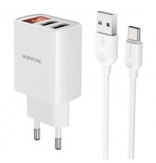 МЗП Borofone BA58A with digital display 2.4A (2USB-A) + кабель USB to Type-C White