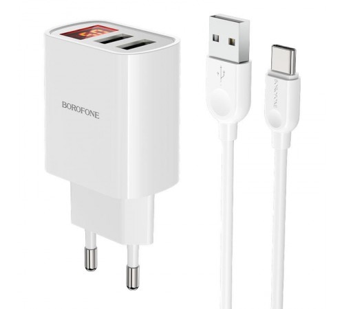 МЗП Borofone BA58A with digital display 2.4A (2USB-A) + кабель USB to Type-C White
