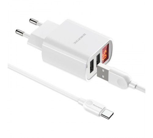 МЗП Borofone BA58A with digital display 2.4A (2USB-A) + кабель USB to Type-C White