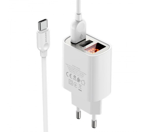 МЗП Borofone BA58A with digital display 2.4A (2USB-A) + кабель USB to Type-C White