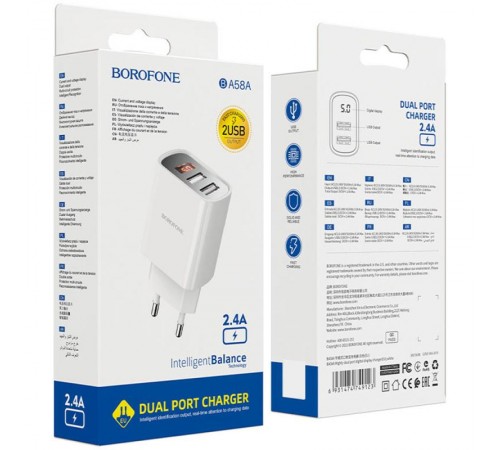 МЗП Borofone BA58A with digital display 2.4A (2USB-A) White