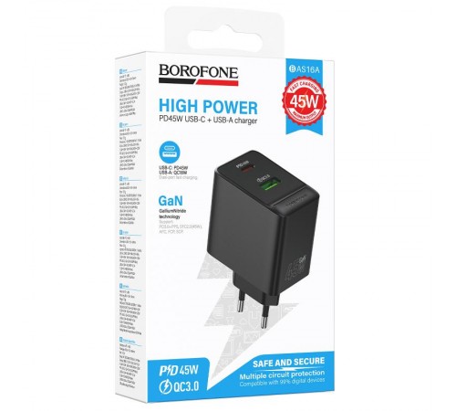 МЗП Borofone BAS16A Erudite PD45W+QC3.0 (1USB-A/1C) Black