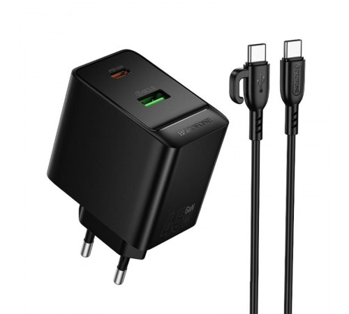 МЗП Borofone BAS16A Erudite PD45W+QC3.0 (1USB-A/1C) + кабель Type-C to Type-C Black