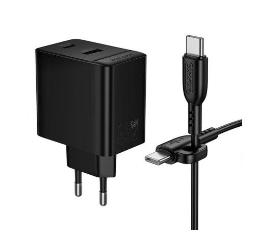 МЗП Borofone BAS16A Erudite PD45W+QC3.0 (1USB-A/1C) + кабель Type-C to Type-C Black