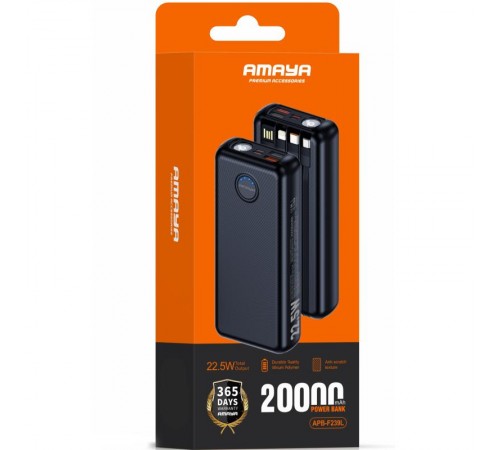 Портативний ЗП Power Bank Amaya F239L 22.5W flashlight with cable 20000 mAh Black
