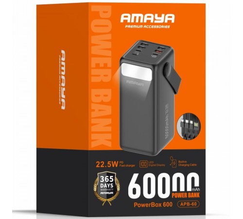 Портативний ЗП Power Bank Amaya APB-60 22.5W flashlight with cable 60000 mAh Black