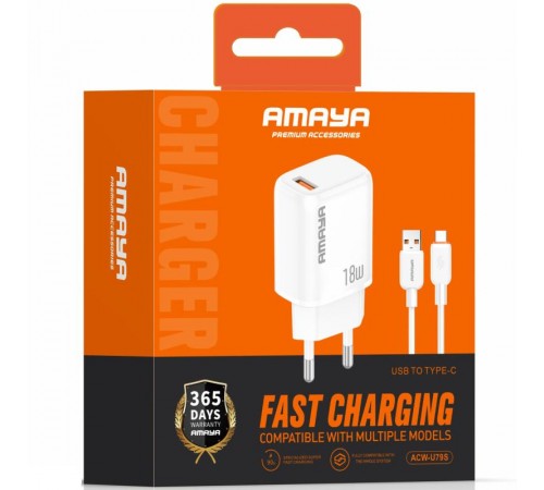 МЗП Amaya U79S QC3.0 18W (1USB-A) + кабель USB to Type-C White
