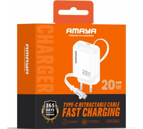 МЗП Amaya E220S PD20W GaN (1USB-C) + Retractable Cable Type-C White