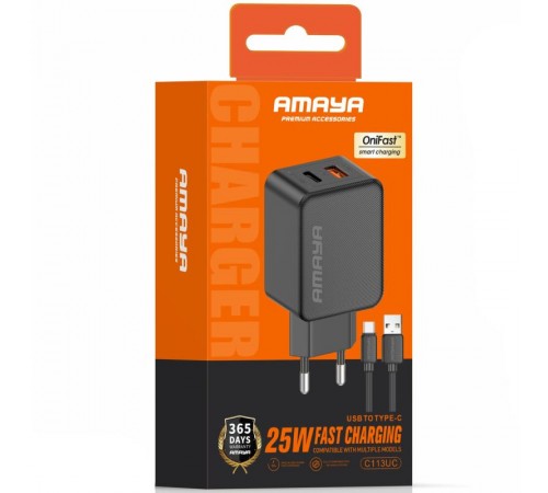 МЗП Amaya E113UC PD25W+QC3.0 (1USB-A/1C) + кабель USB to Type-C Black