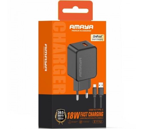 МЗП Amaya E111U QC3.0 18W (1USB-A) + кабель USB to Type-C Black