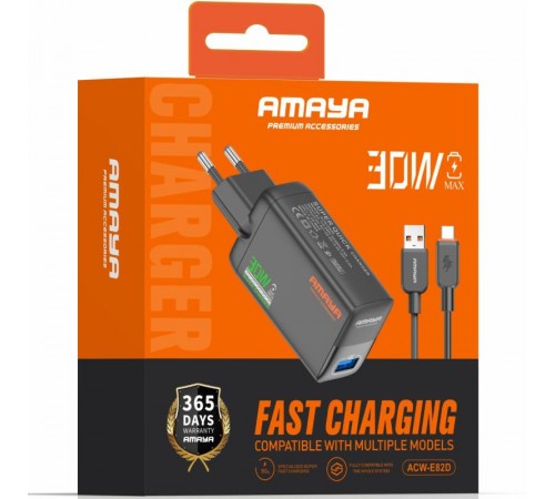 МЗП Amaya E82D QC3.0 30W (1USB-A) + кабель USB to Type-C Black
