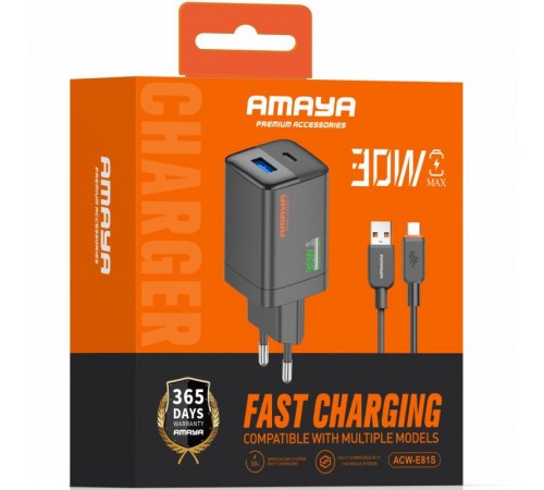 МЗП Amaya E81S PD30W+QC3.0 (1USB-A/1C) + кабель USB to Type-C Black