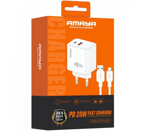 МЗП Amaya E77D PD20W+QC3.0 (1USB-A/1C) + кабель USB to Lightning White