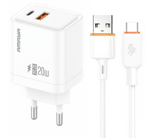 МЗП Amaya E77D PD20W+QC3.0 (1USB-A/1C) + кабель USB to Type-C White