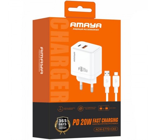МЗП Amaya E77D PD20W+QC3.0 (1USB-A/1C) + кабель USB to Type-C White