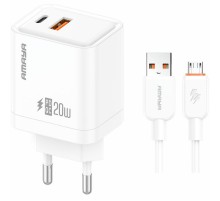МЗП Amaya E77D PD20W+QC3.0 (1USB-A/1C) + кабель USB to MicroUSB White