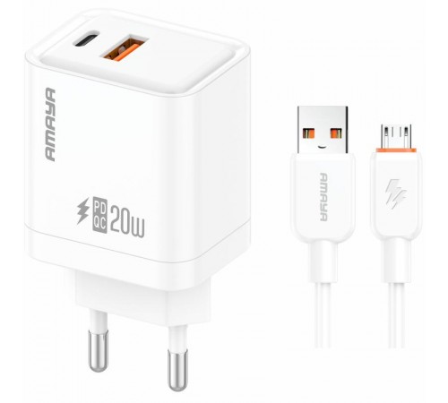 МЗП Amaya E77D PD20W+QC3.0 (1USB-A/1C) + кабель USB to MicroUSB White