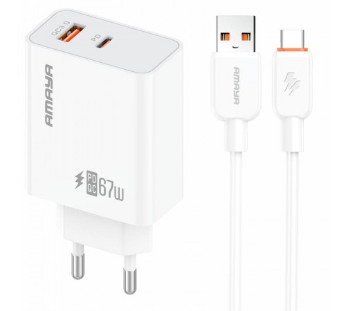 МЗП Amaya E72D PD67W+QC3.0 (1USB-A/1C) + кабель USB to Type-C White