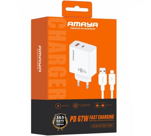 МЗП Amaya E72D PD67W+QC3.0 (1USB-A/1C) + кабель USB to Type-C White