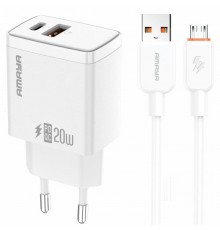 МЗП Amaya E67D PD20W+QC3.0 (1USB-A/1C) + кабель USB to MicroUSB White