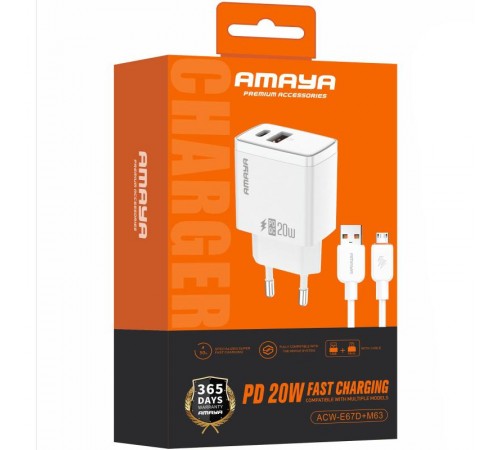 МЗП Amaya E67D PD20W+QC3.0 (1USB-A/1C) + кабель USB to MicroUSB White