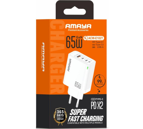 МЗП Amaya E102T PD65W+QC3.0 GaN (1USB-A/2C) White